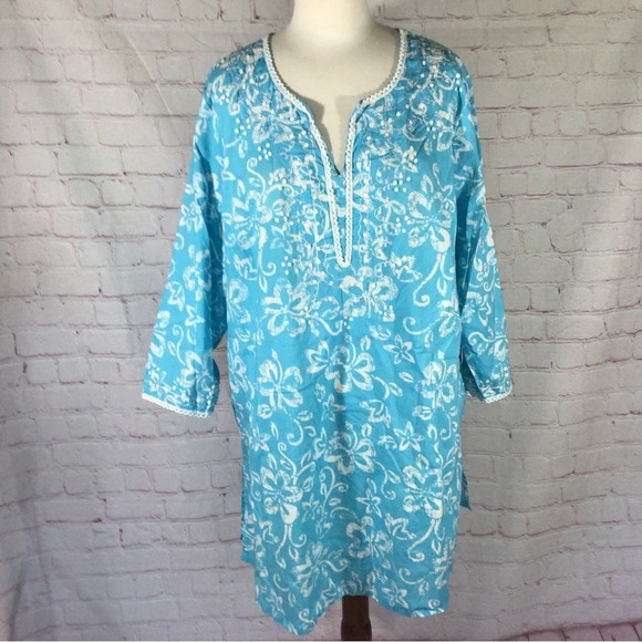 Chelsea Studio Blue and White Floral Embroidered Sequin Top - Size Large - Picture 1 of 9